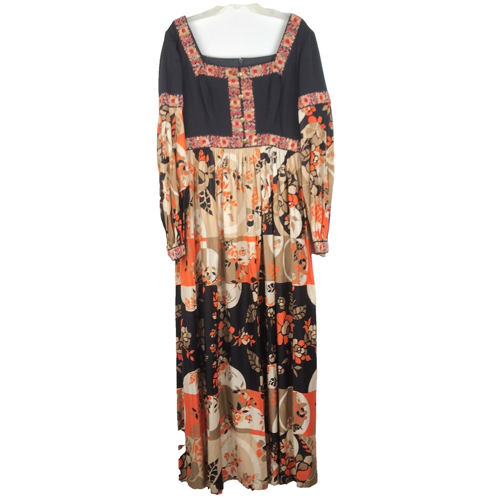 VTG Lanzilotti for Bzzz-Bzzz Maxi Dress Floral Empire Waist Black Orange Tan Sm